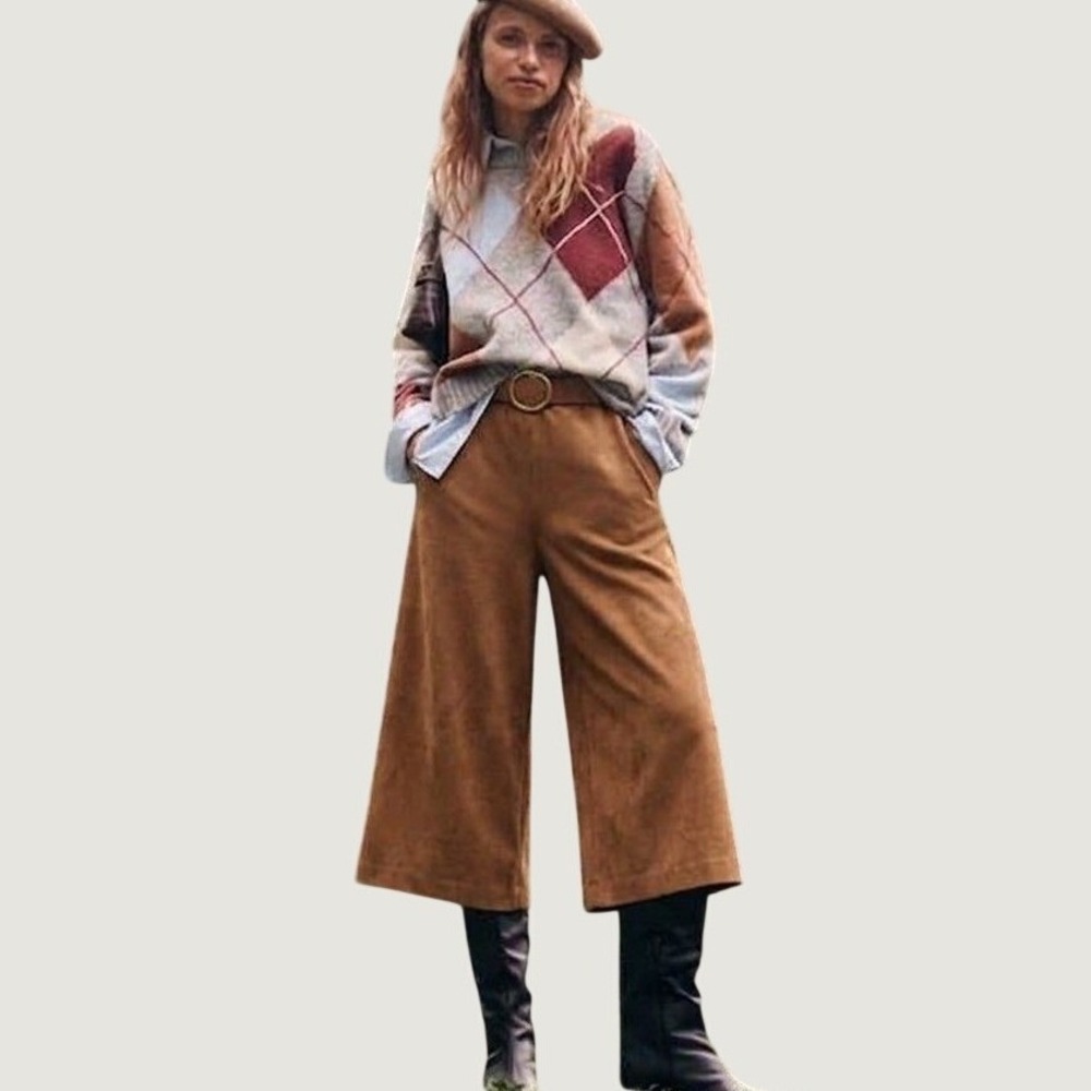 Chicos Ultimate Fit Faux Suede Wide Leg Crop Gaucho Pants Cognac Brown M Petite